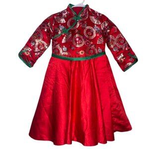 Traditional Red Embroidered Girls Dress With Green Accents & Full Skirt 32" Leng